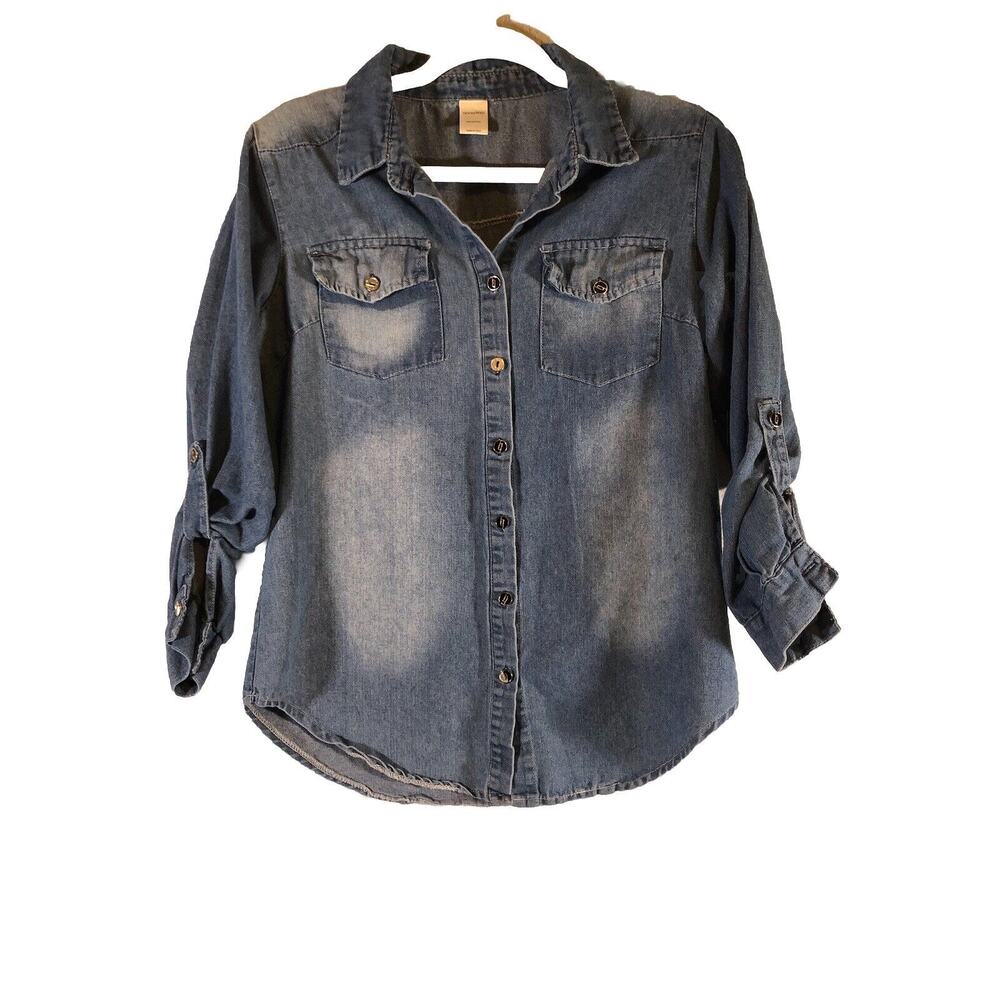 Anna Kaci Womens Top‎ Large Blue Denim Blouse Button Down Long Sleeve Western